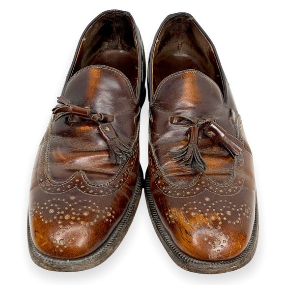 10 Vintage Johnston & Murphy Windsor Brown Leather Wingtip Tassel Loafer Shoes - Picture 3 of 10